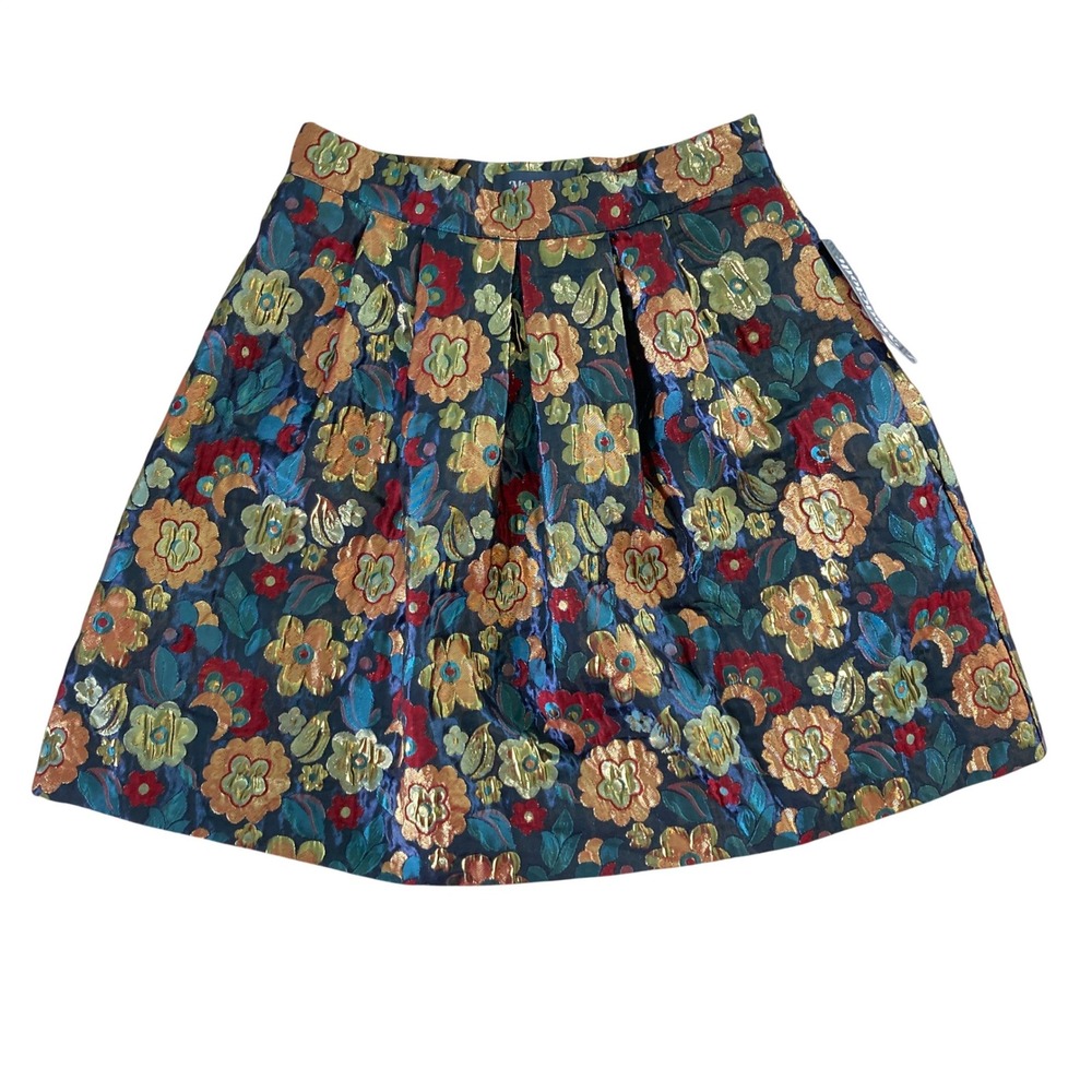 Modcloth Pleated Skater Skirt Pockets Dark Floral Metallic Gold Blue‎ Red Size 0